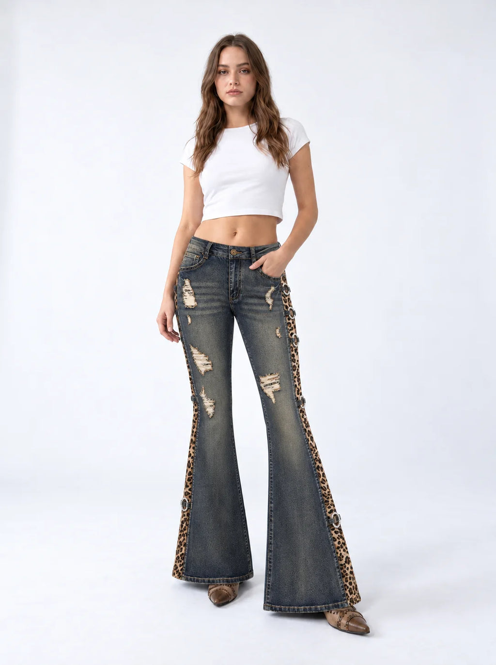 Leopard Rivet Flare Jeans